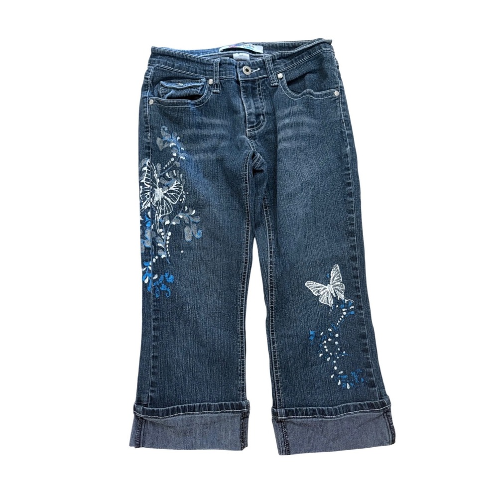 Y2K Piper & Blue Butterfly Embroidered Capri Jeans Dark Wash Cuffed Denim Size 7